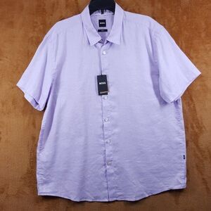 HUGO BOSS Shirt Mens XXL Purple Slim Fit Stretch Linen Chambray ROAN KEN $138